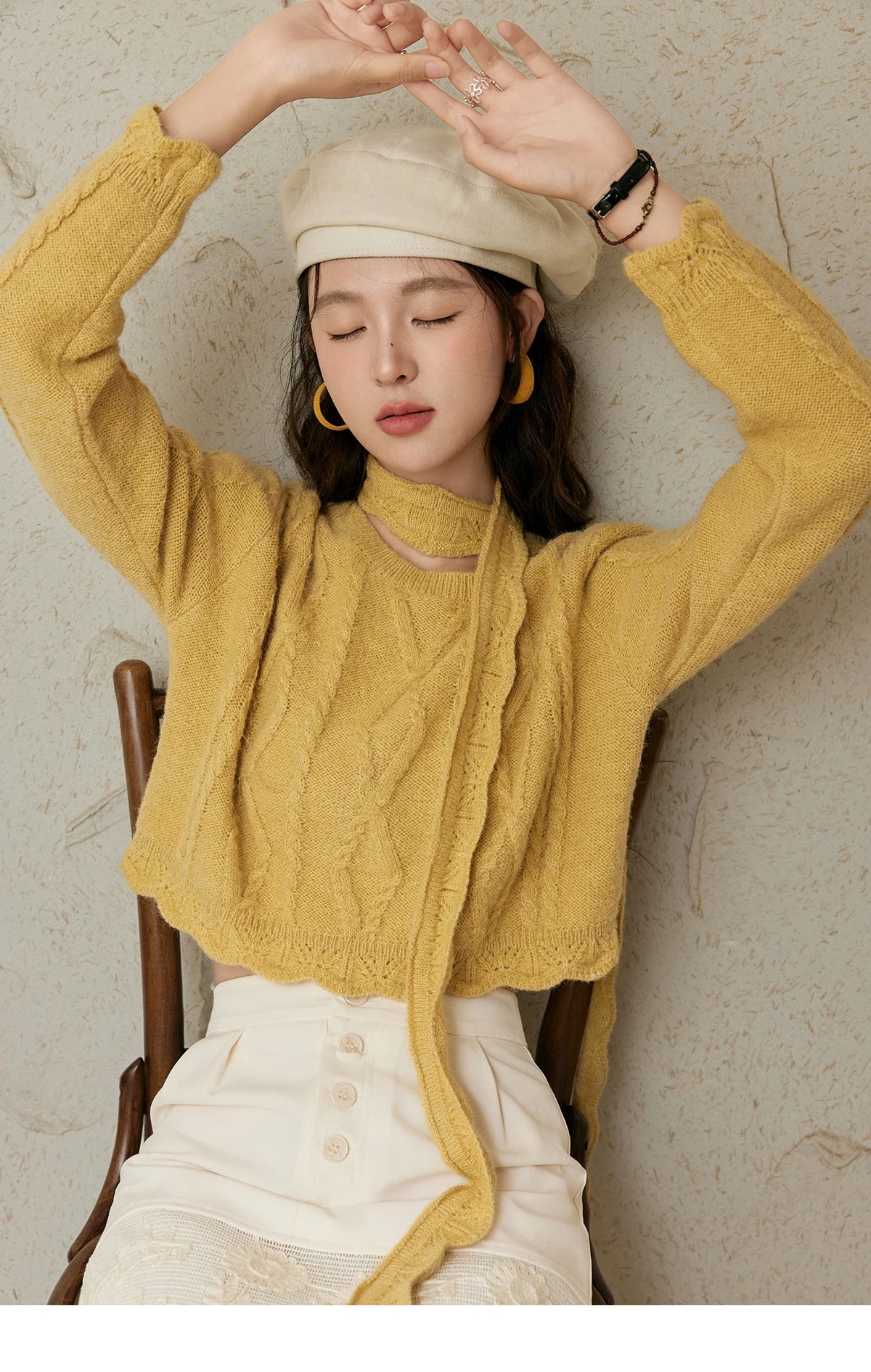 MISHOW Romantic Lace Wave Lace O-neck Knitted Sweater 2024 French Short Top Solid Hollow Elegant Sweater with Belt MPD42Z0736