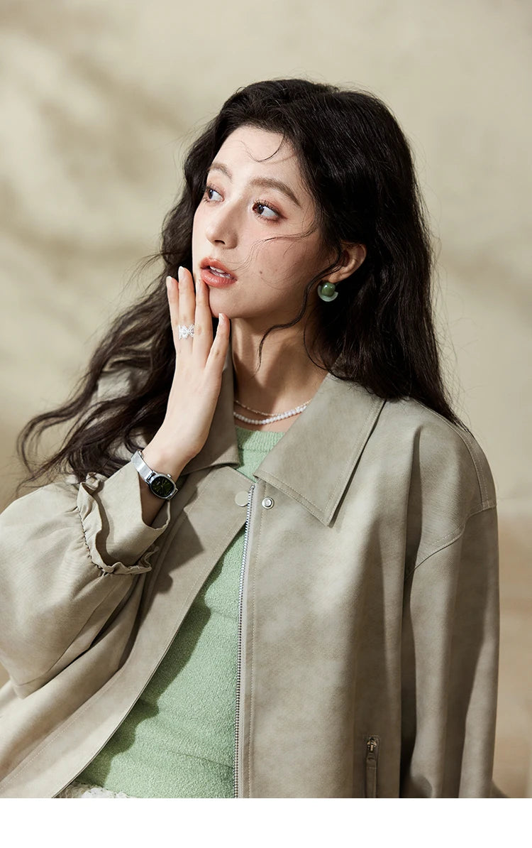 MISHOW Minimalist Short Jacket for Women Spring 2025 Casual Lapel Jacket Zipper Elastic Hem Solid Coats Streetwear MXE13W0715