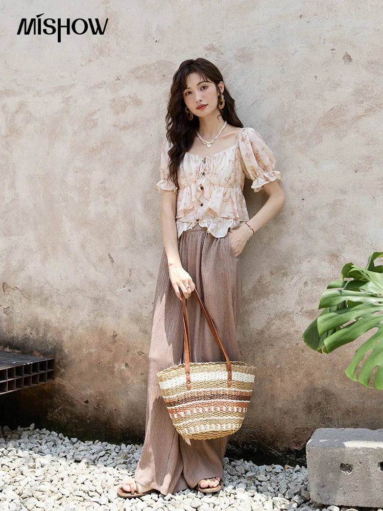 MISHOW French Floral Print Square Neck Shirt for Women 2025 Summer Bubble Sleeve Patchwork Double-layer Ruffle Tops MXD30X1565