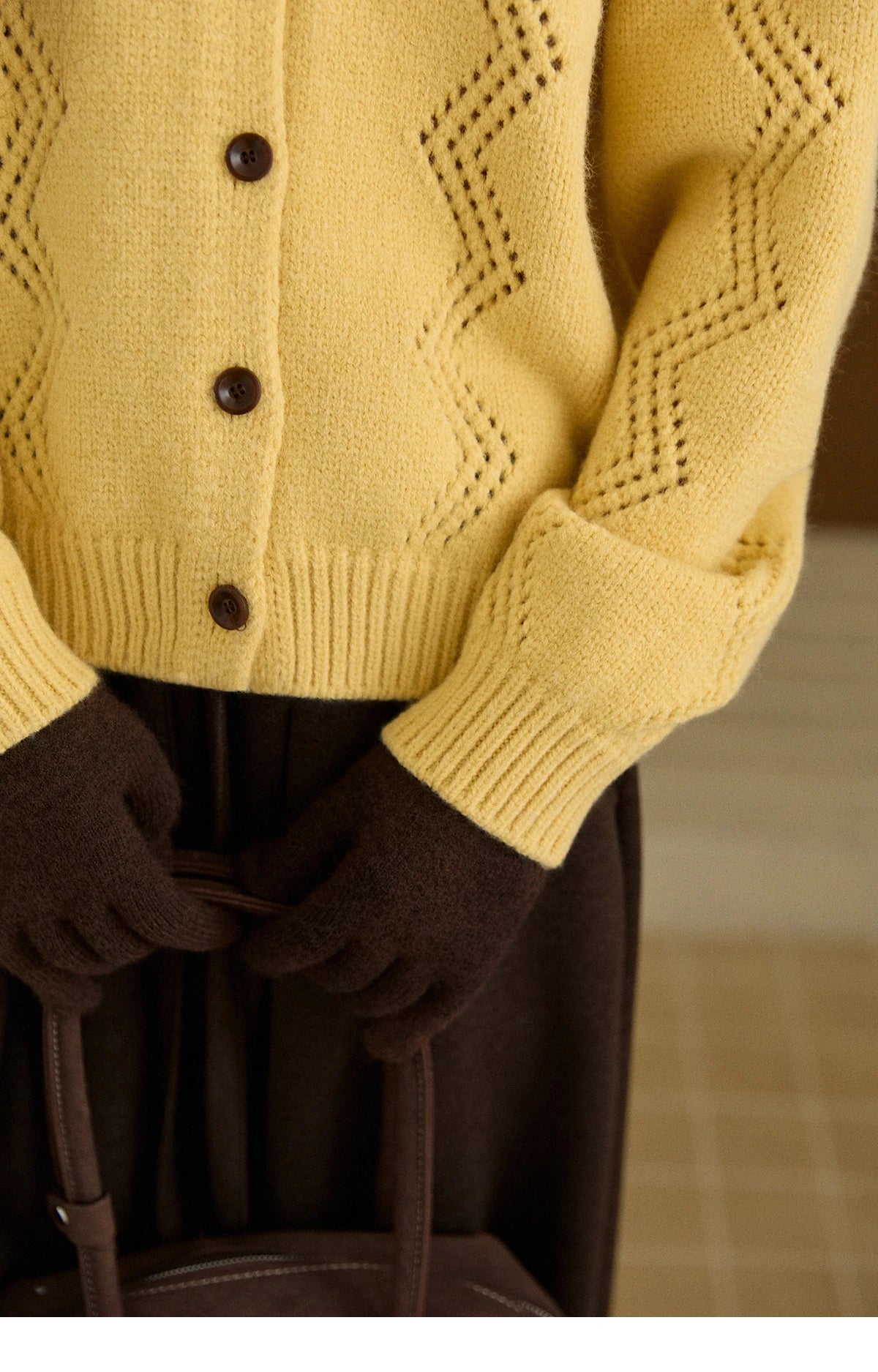 MISHOW Women's Hollow Pattern Knitted Cardigan 2025 Winter Yellow Lapel Single Breasted Sweater Loose Pullover Tops MXE94Z2961