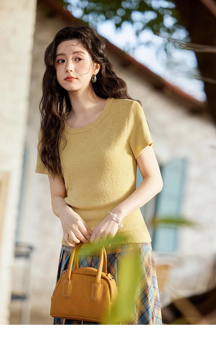 MISHOW Women's Short Sleeved Knitted T-shirt Spring 2025 Korean Minimalist Back Hollowed Out Pearl Buckle Design Tees MXE13Z1072