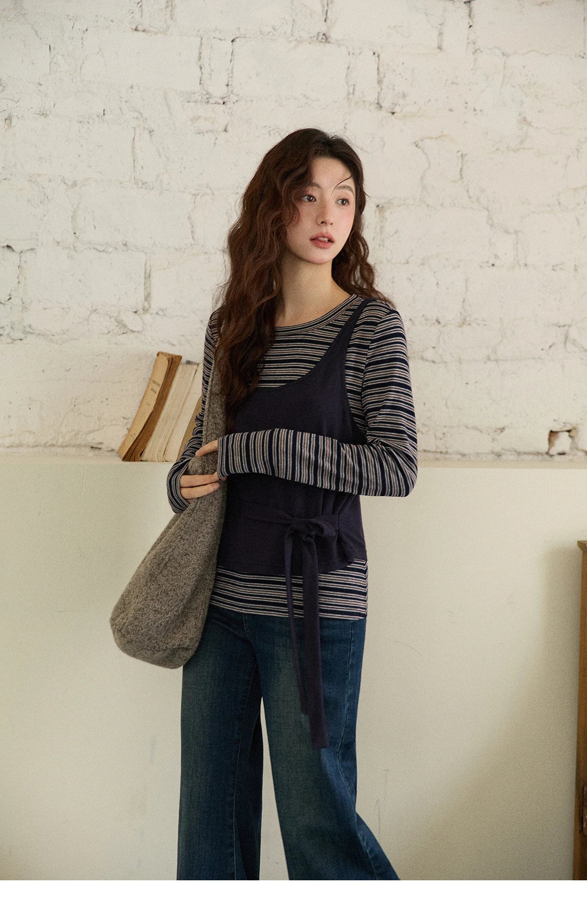 MISHOW Women's Two-Piece Set, 2025 Winter New Retro Casual Round Neck Long Sleeve Striped Top with Tie-Waist Camisole MXE87T1430