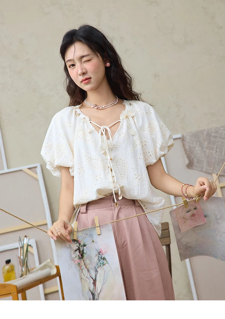 MISHOW Fashion Embroidery Jacquard Design Short Sleeve Shirt for Women 2025 Summer New V-neck Lace Up Retro Loose Top MXE35X1790