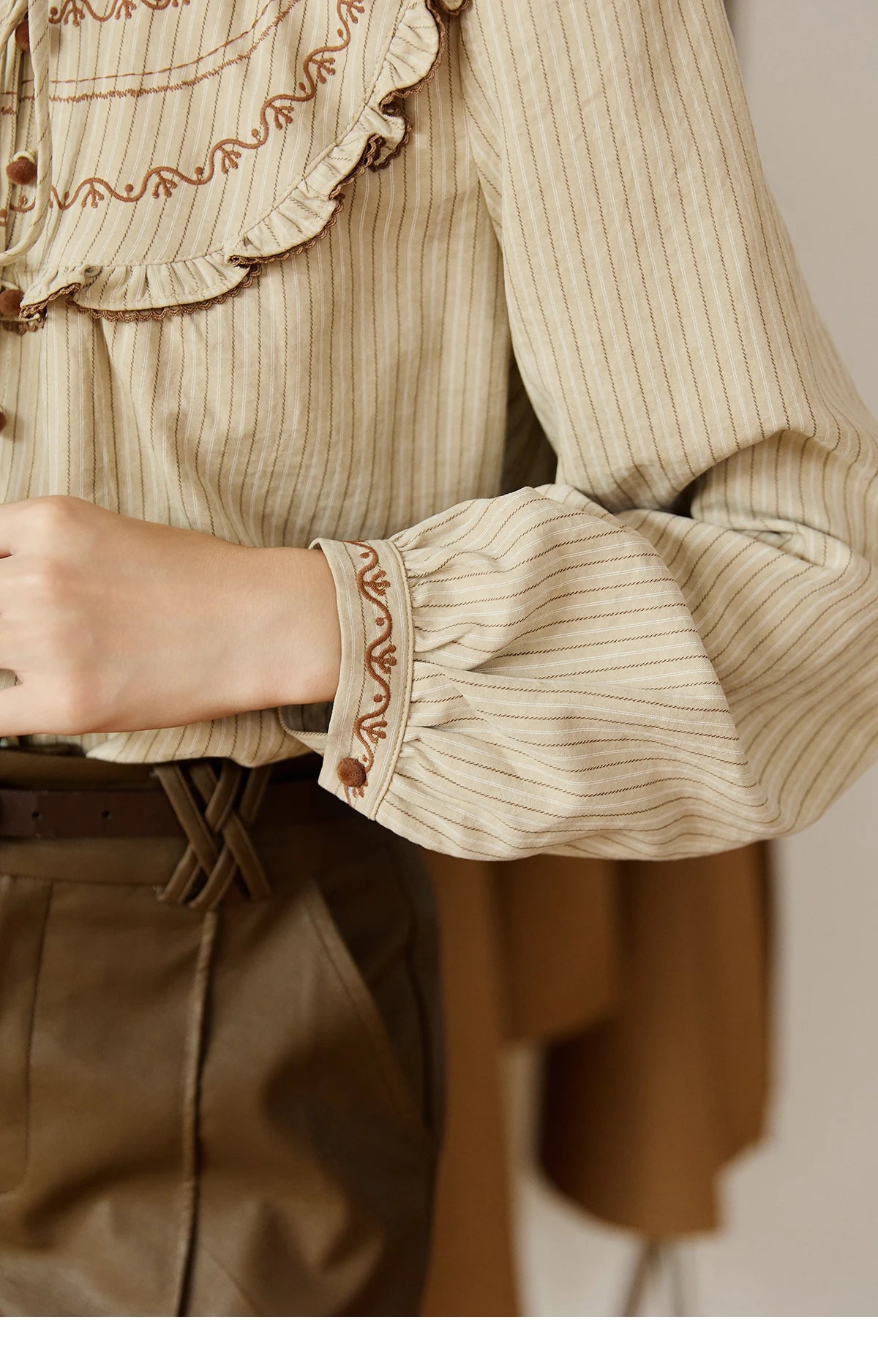 MISHOW Striped Shirt for Woman 2025 New Retro Wood Ear Edge Round Neck Embroidery Top Korean Popular Clothes Autumn MXE46X2492