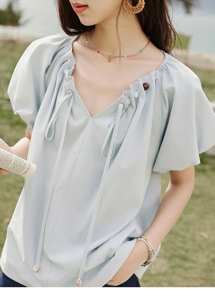 MISHOW Solid French Summer Blouses Woman 2025 New Short Puff Sleeve V-neck Beaded Retro Shirts Women Fashion Tops MXE33X1757