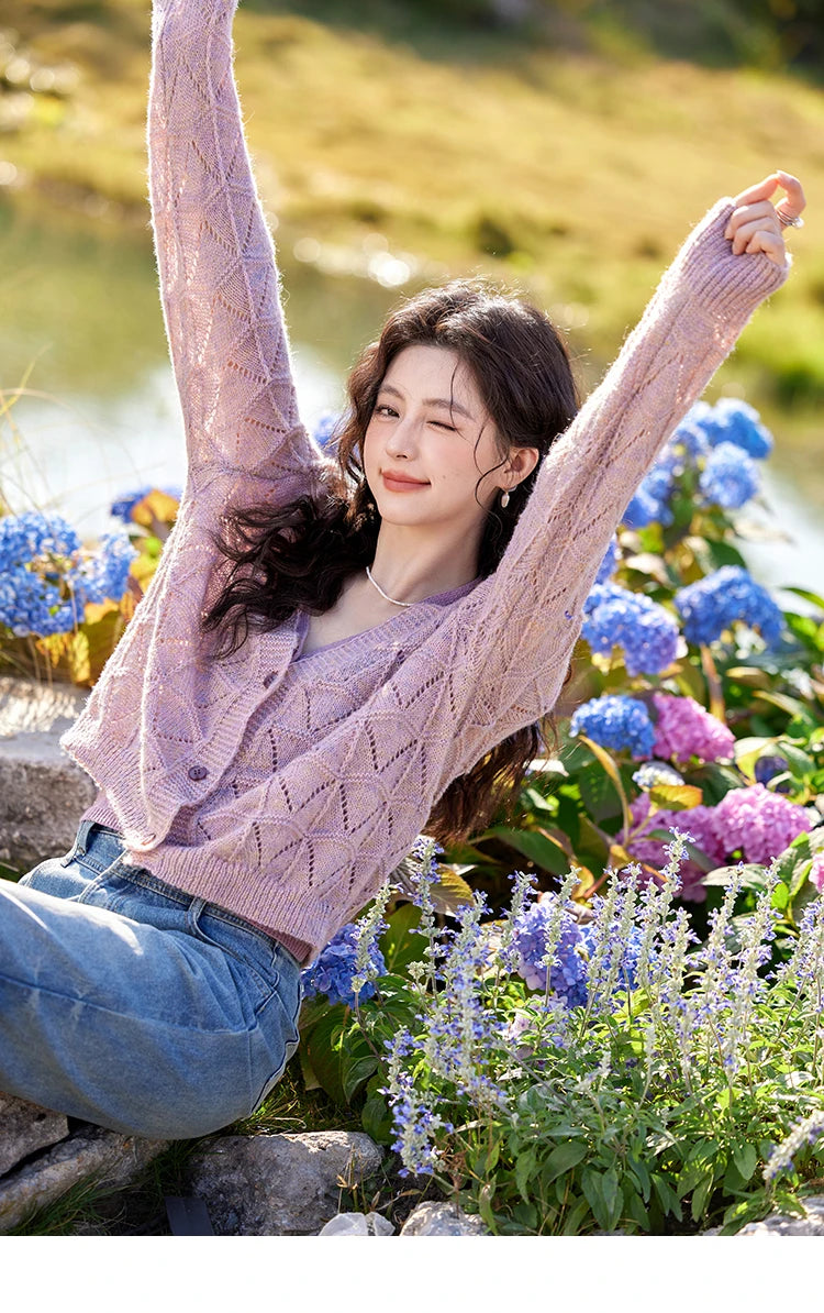 MISHOW French Knit Cardigan Women Separately 2025 Spring New Korean Casual Diamond Plaid Sweet V Neck Hollow Sweater MXE11Z1198