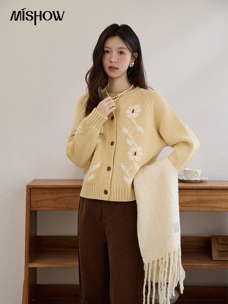 MISHOW Women Yellow Cardigan Long Sleeve 2025 Winter Sweet Style Floral Jacquard Cardigan Retro Short Loose Knit Top MXE86Z2738