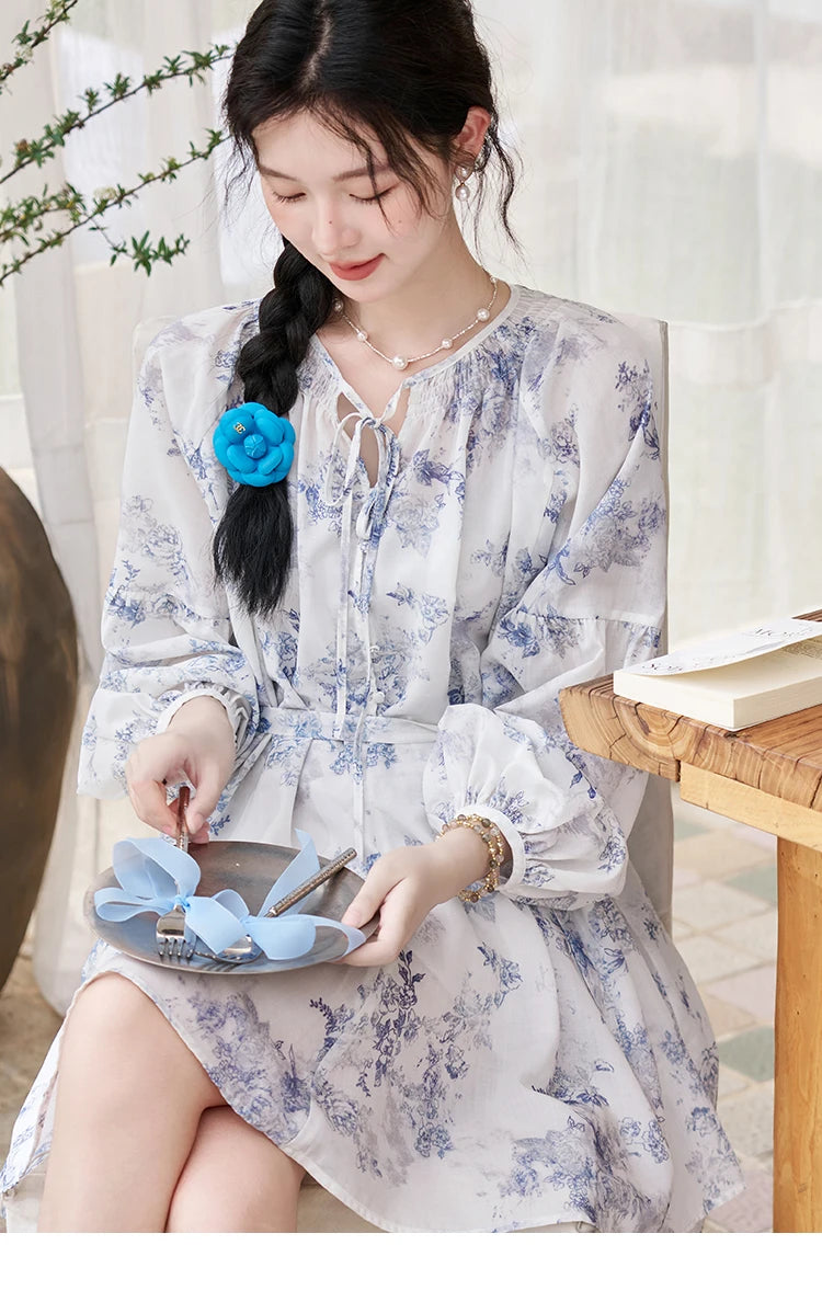 MISHOW Fairy Temperament Floral Puff Sleeved Chiffon Dress Spring Summer 2025 Lace-up O Neck Waist Knee-Length Dress MXD14L1681