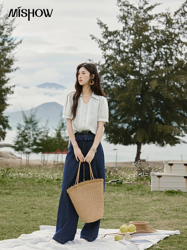 MISHOW French Summer Blouses Women New 2025 Solid Short Sleeve Turn-down Collar Slimming Shirts Female Straight Thin MXE33C0782