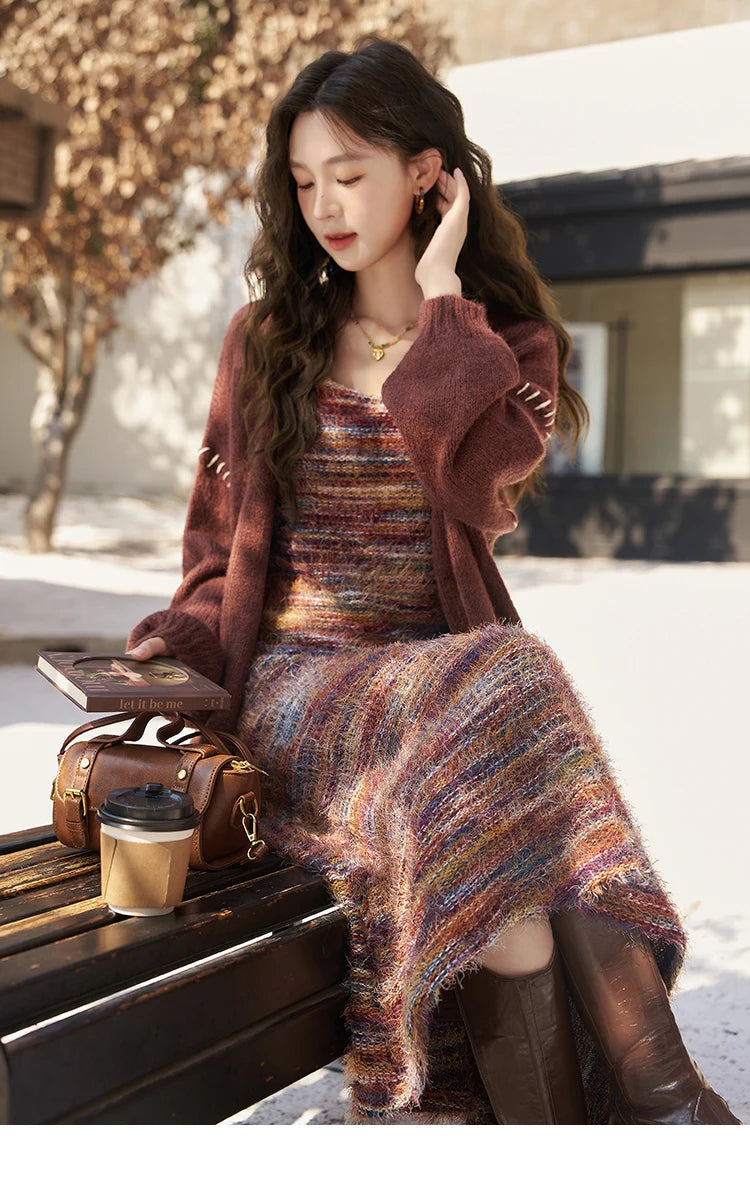 MISHOW Retro Slip Knitted Dresses Coat Separately Women Autumn Winter Sweater Cardigan Slim Knit Suspender Dress MXC59L1625