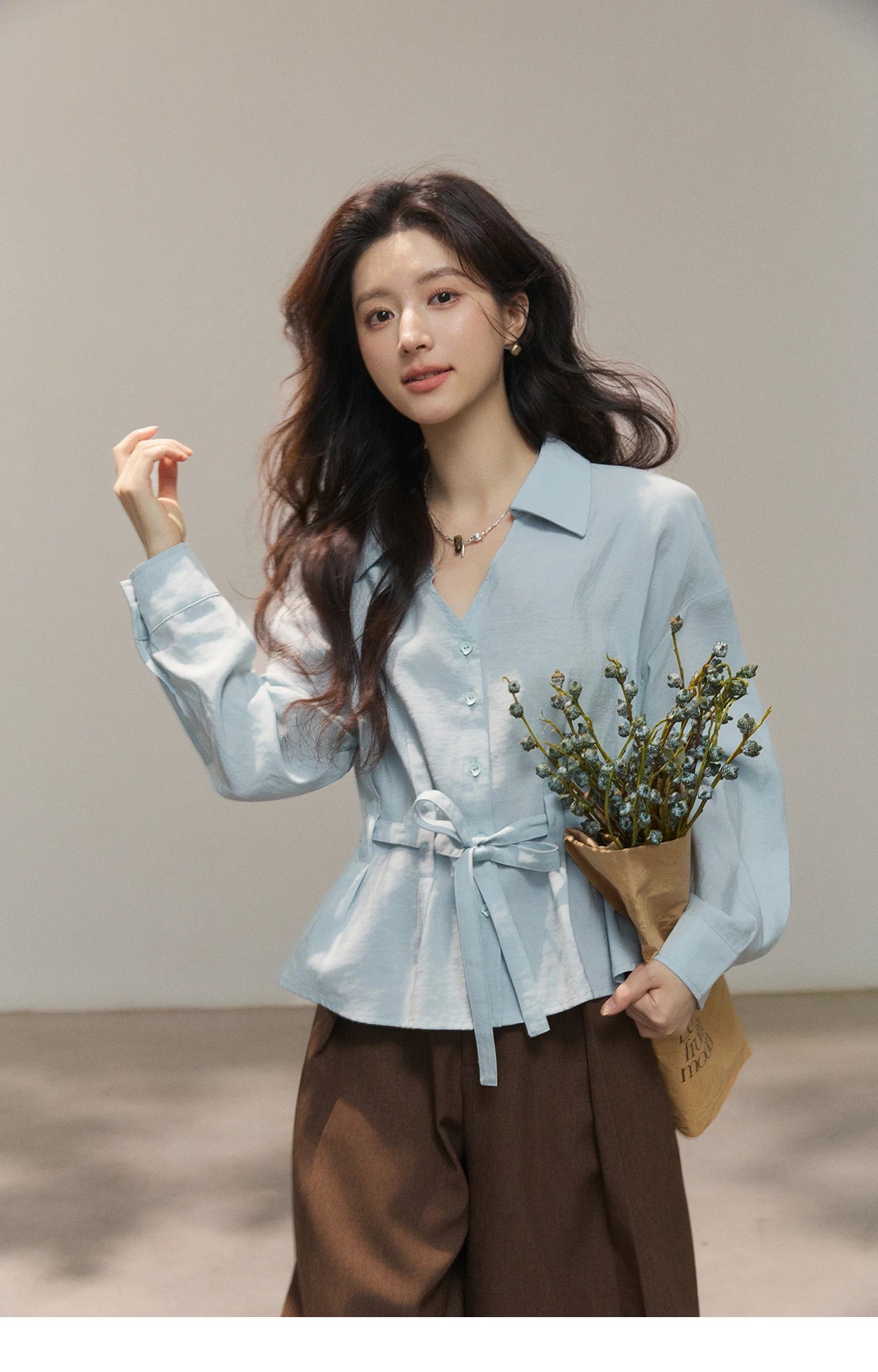 MISHOW Women's Light Blue Lyocell Shirt 2026 Spring Polo Neck V-neck Belted Waist Shirt Casual Peplum Long Sleeve Top MXF13C2437