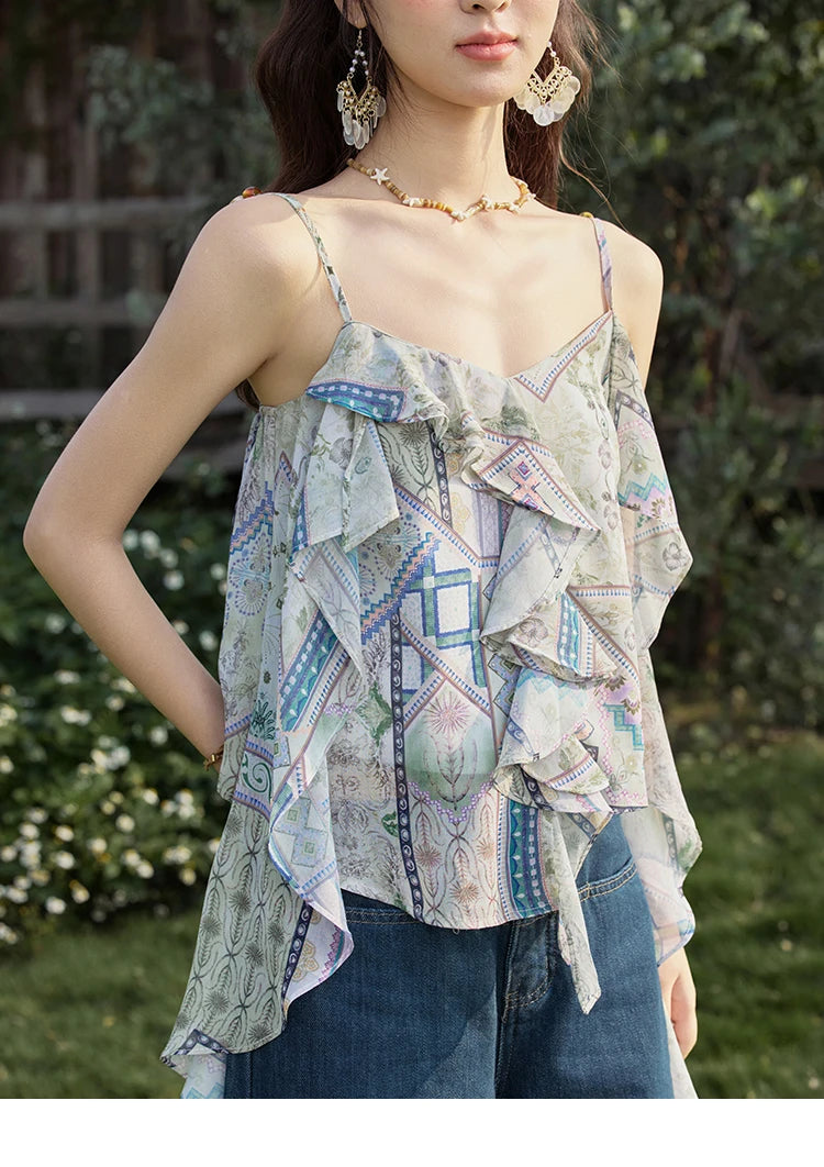 MISHOW Holiday Summer Camisole Tops Women 2025 Plaid Ruffled Layer Chiffon Floral Slimming Top Woman New Fashion MXE33X1803