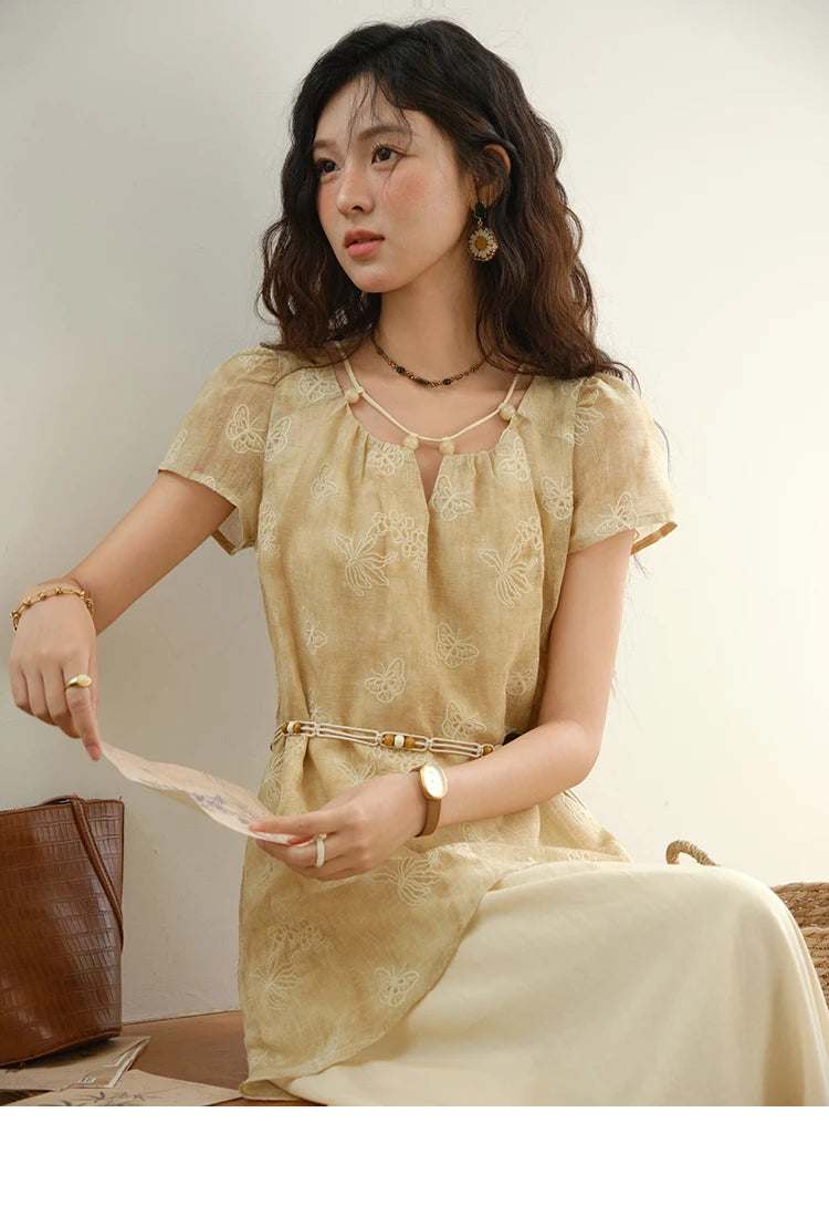 MISHOW Fashion Butterfly Embroidery Dress 2025 Summer Splicing Beaded Collar Comes with Retro Belt Dresses MXE36L2250