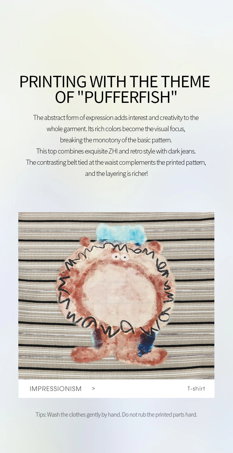 MISHOW Striped Cartoon Pufferfish Printed T-shirt for Women Summer 2025 Slim Shoulders Cotton Tees Short Sleeved Top MXE32T0538