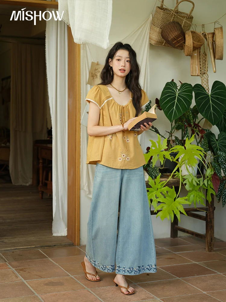 MISHOW Fashion Embroidery Flower Blouses for Woman 2025 Summer O-Neck Lace Up Flying Sleeve Lace Spliced Loose Top MXE39X1880