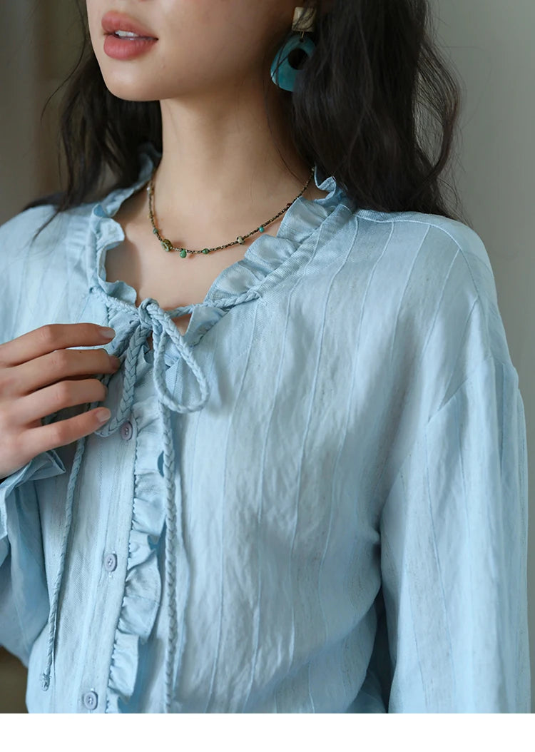 MISHOW Women's Light Blue Striped Linen Suit 2025 Autumn Fungus Edge V-neck Lace-up Shirt Elastic Waist Skirt Two pcs MXE41T0700