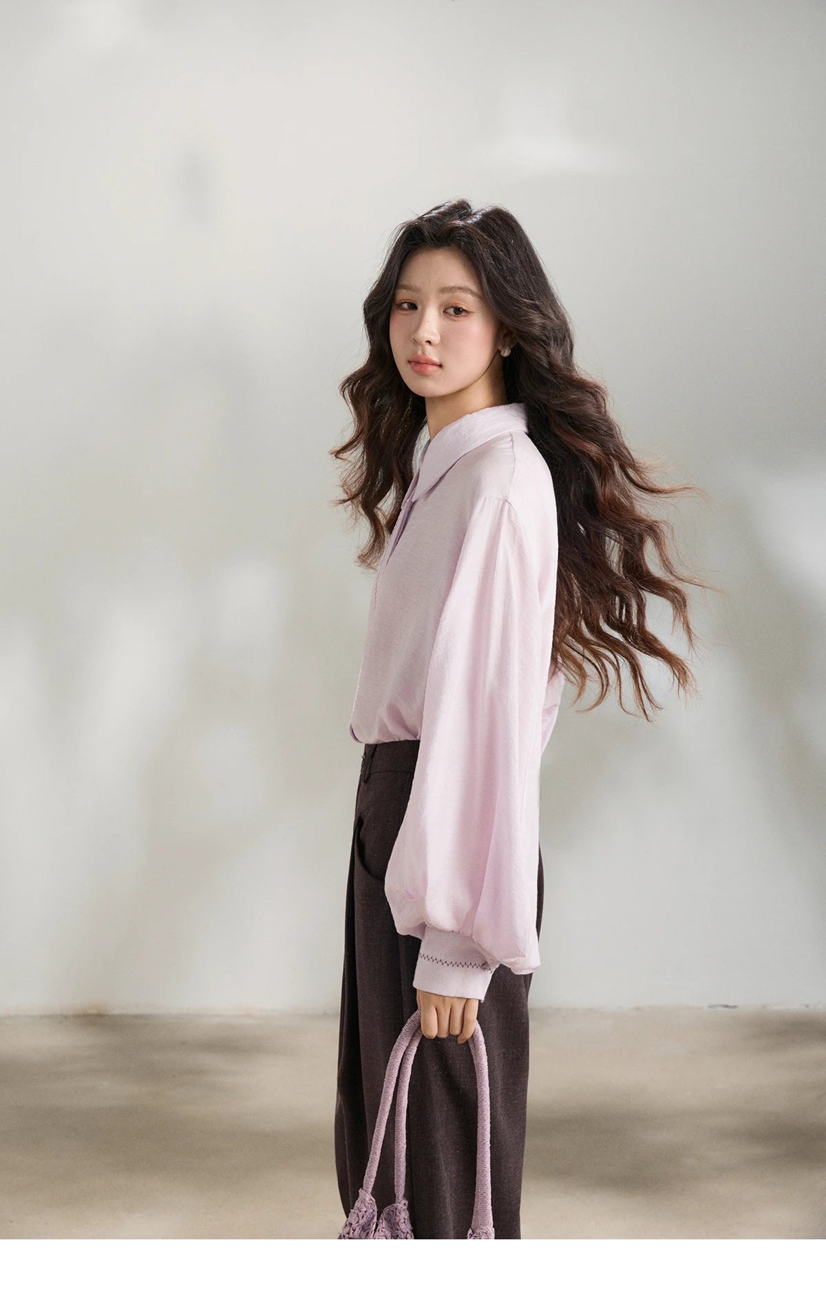 MISHOW Women's Lapel Lantern Sleeve Shirts 2026 Spring Lace Trim Casual Loose Breathable Solid Shirt Office Lady MXF13C2436