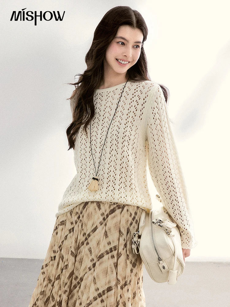 MISHOW Women's Hollow Out Knit Tops 2026 Spring Crew Neck Long Sleeve Tops Loose Casual Soft Breathable Beige Sweater MXF13Z3017