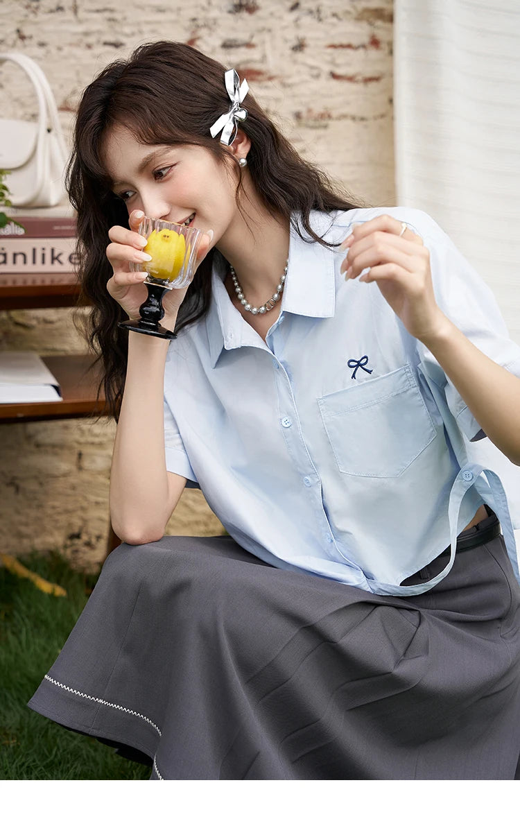 MISHOW Same Color Bow Embroidered Shirt Summer 2024 Lapel Collar Asymmetric Hem 100 Cotton Casual Short Sleeved Top MXD23C0257