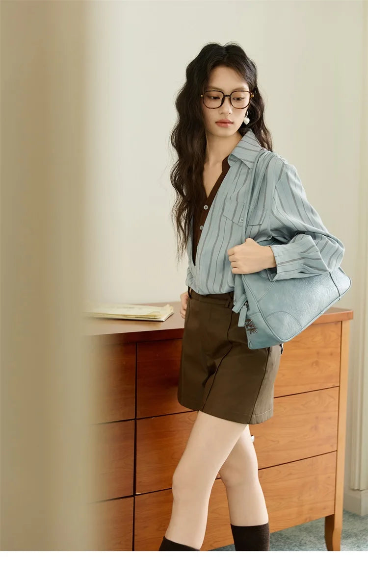 MISHOW Peach Skin Velvet Stripe Shirt for Women Autumn 2025 Double Layered Collar Contrasting Color Shirt Commute Top MXE47C2408