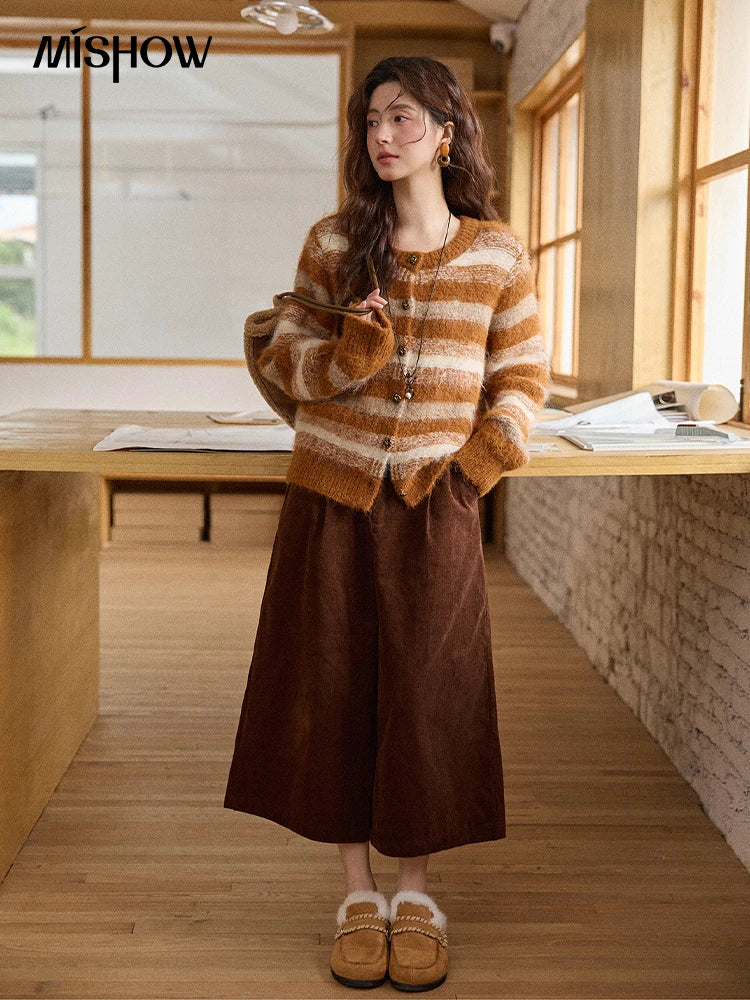 MISHOW Women's Cardigan Wool 2025 Winter Retro Striped Round Neck Long Sleeved Knitted Top Warm Comfortable Cardigan MXE87Z2723