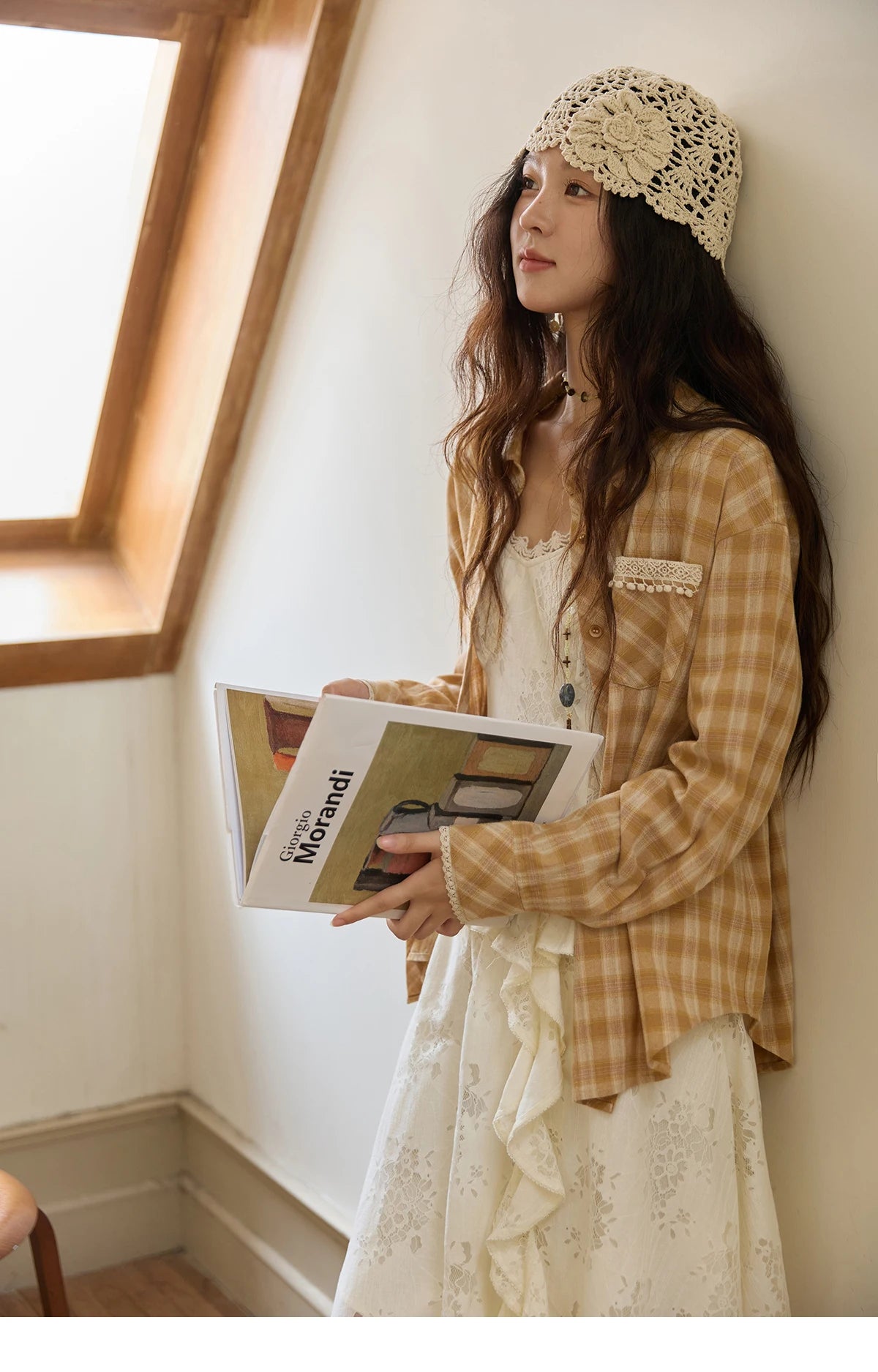 MISHOW Women's Retro Plaid Long Sleeved Shirt 2025 Autumn Korean Loose Casual Plaid Top with Lace Pocket Lapel Shirts MXE43C2378