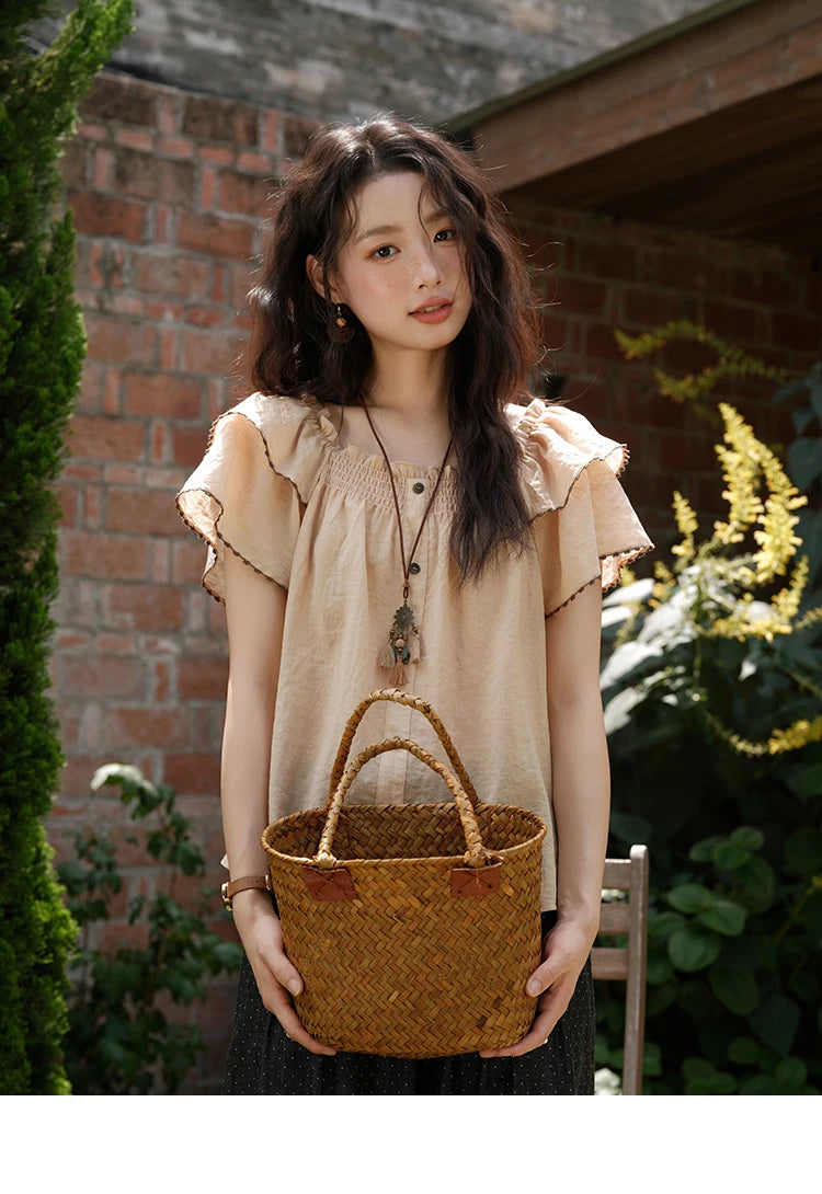 MISHOW Women's Fashion Butterfly Sleeve Blouse Summer 2025 New Loose Casual Square Neck Button Top Women's Clothing MXE37X1854