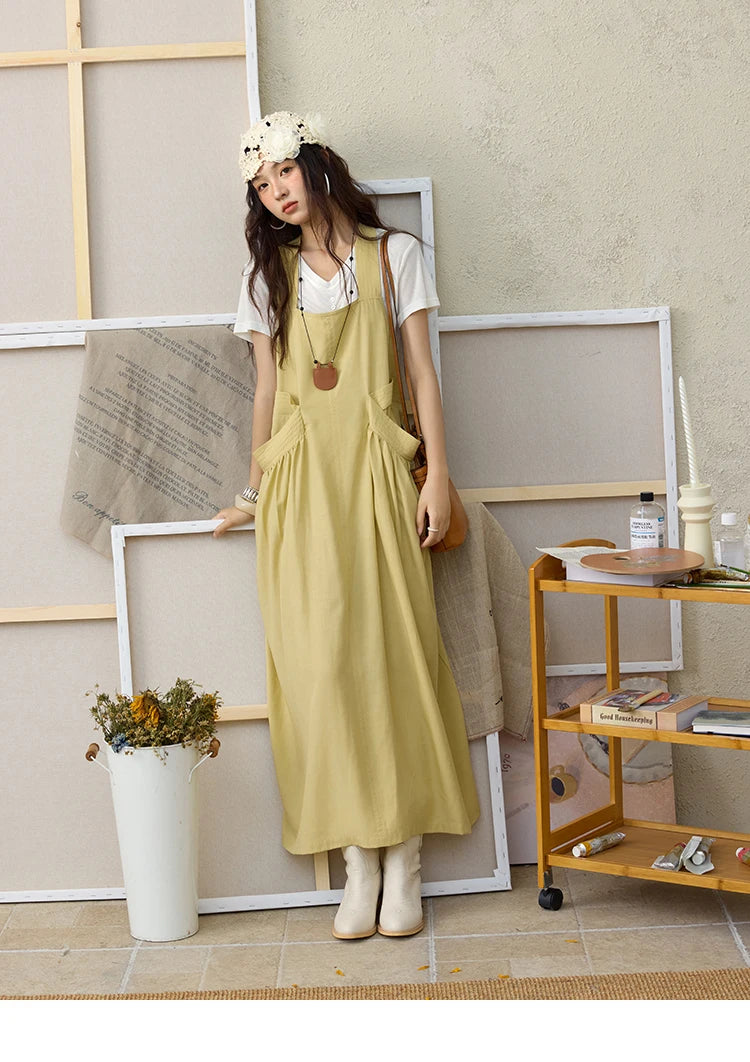 MISHOW Women's Cargo Large Pocket Strap Dress 2025 Summer Lemon-yellow Sleeveless Dress Retro Square Neck Loose Dress MXE35L2302