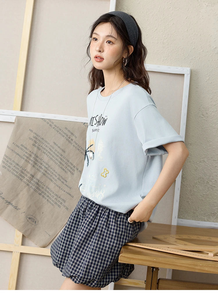 MISHOW Casual Print T-shirts Women 2025 Summer New Short Sleeve Round Neck Coconut Tree Pattern Shirt Woman Holiday MXE31T0516