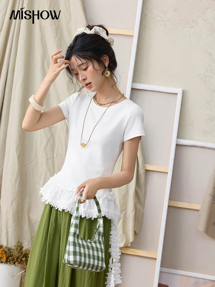 MISHOW White Ruffled T-shirt for Women Summer 2025 Round Neck Loose Slim Cotton Casual Tees with Red Lanyard Necklace MXE34T0557