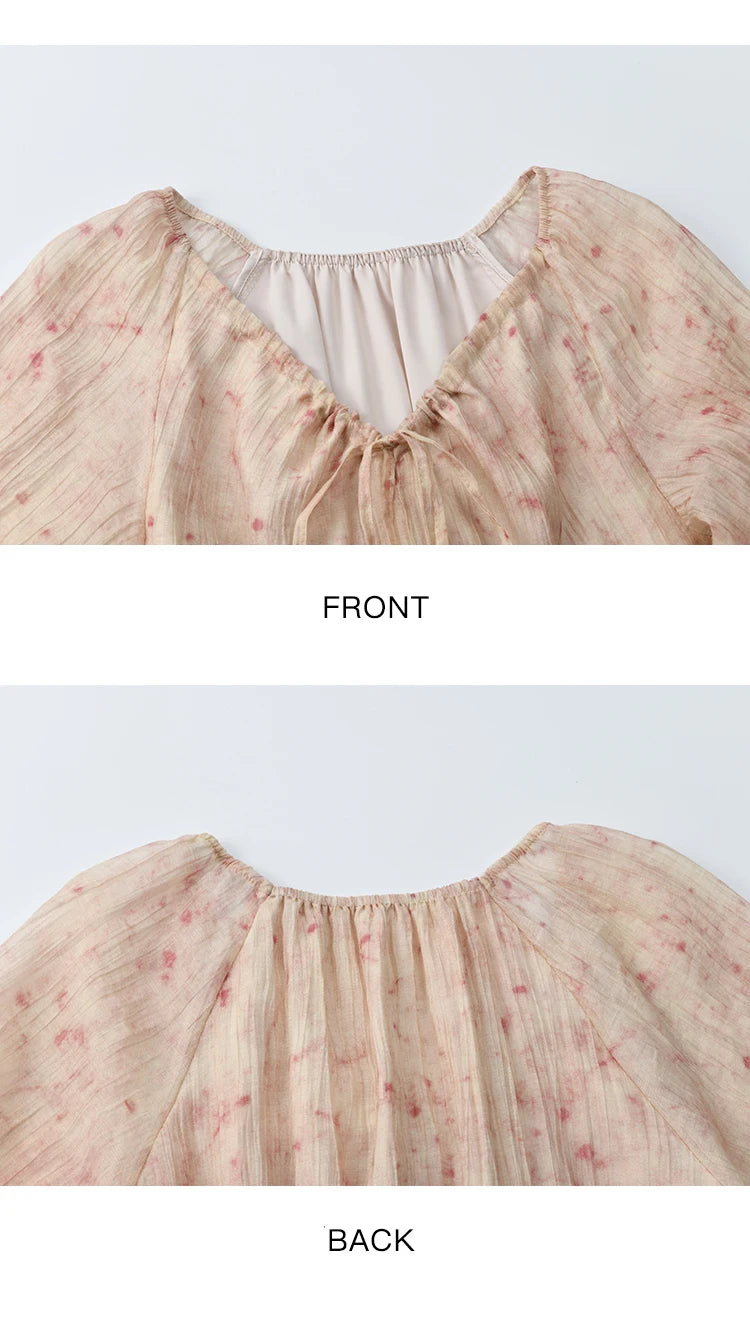 MISHOW Korean Women's Floral Pink Dress Autumn Convertible V Neck Off Shoulder Bubble Sleeves Elastic Waist Dresses MXE41L2479