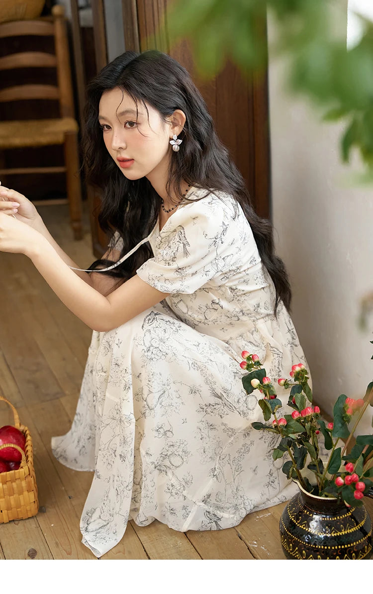 MISHOW Women's Print Chiffon Dresses 2025 Summer New Floral Short Sleeve Mid-length A-line Lace-up French Lady Dress MXD27L1841