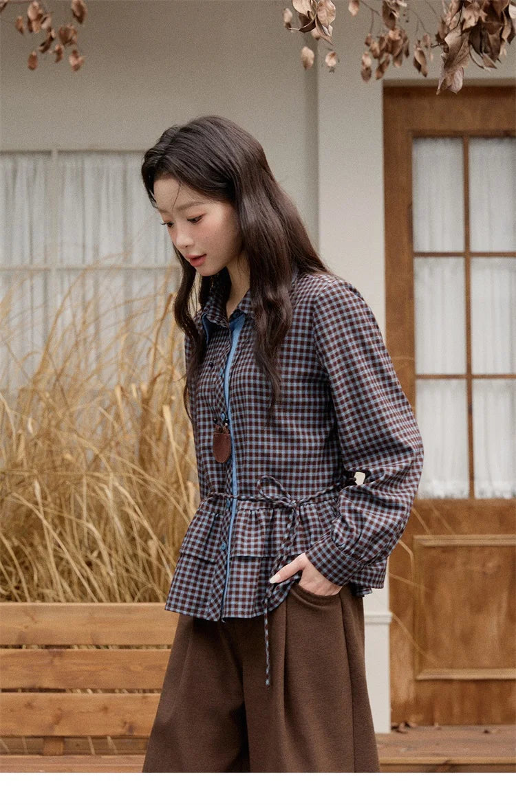 MISHOW Retro Blue Plaid Shirt for Women 2025 Autumn Winter Lapel Lantern Sleeves Ruffled Hem Top Slim Casual Shirt MXE89C2420