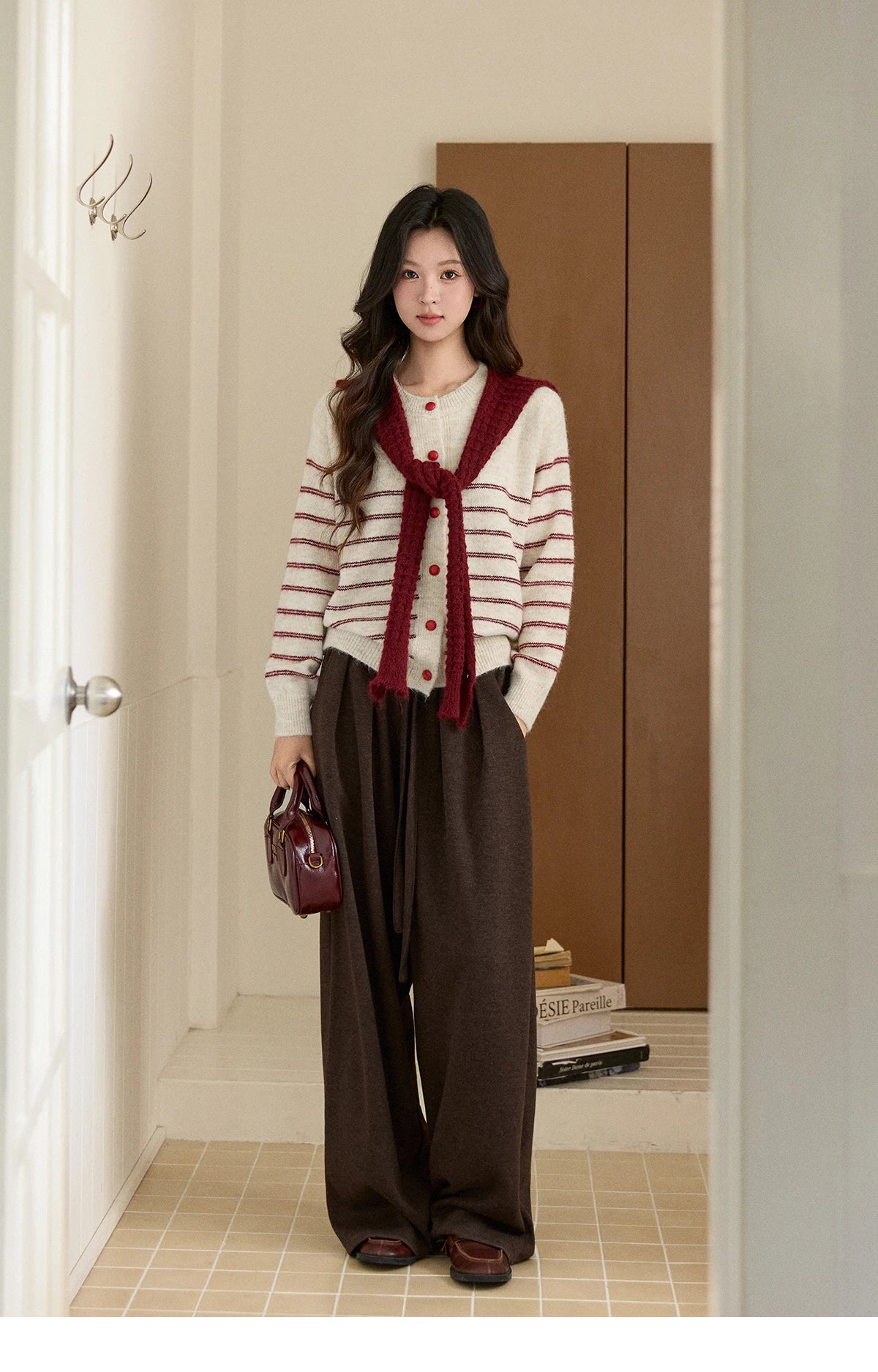 MISHOW Women's Beige Striped Knitted Cardigan 2025 Autumn Winter Red Scarf Decor Button O-Neck Warm Loose Sweaters MXE93Z2948