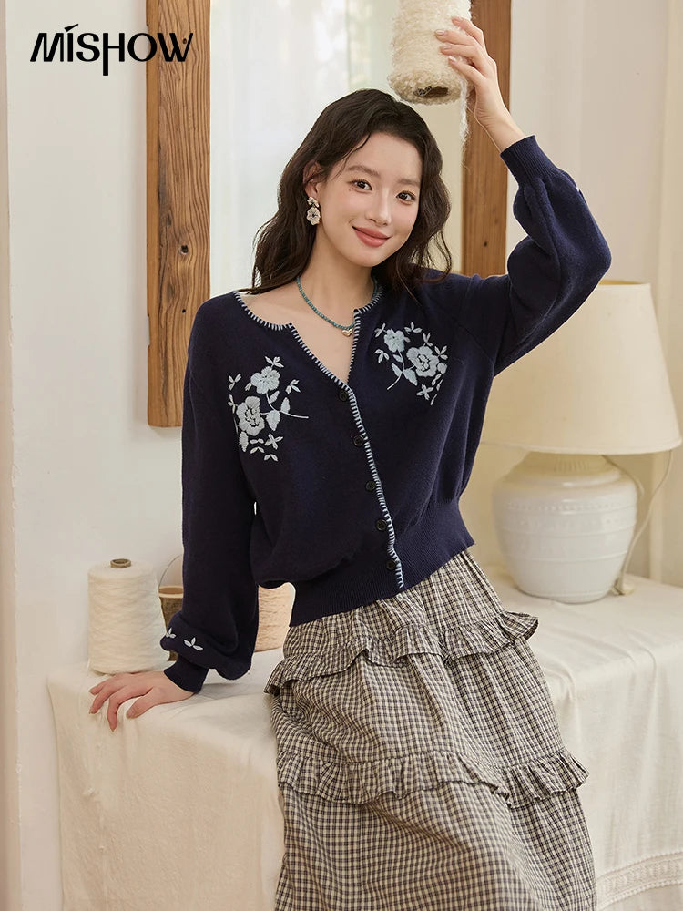MISHOW Dark Blue Cardigan Women 2025 Autumn New French Vintage Embroidered Knit Cardigan Casual Round Neck Sweater MXE45Z1381