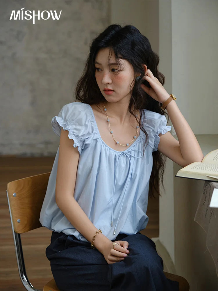 MISHOW 100% Cotton Blouse for Women 2025 Summer New Fashion Puff Sleeve Casual Commute Lace Up Top Ladies Clothing MXE37X1893