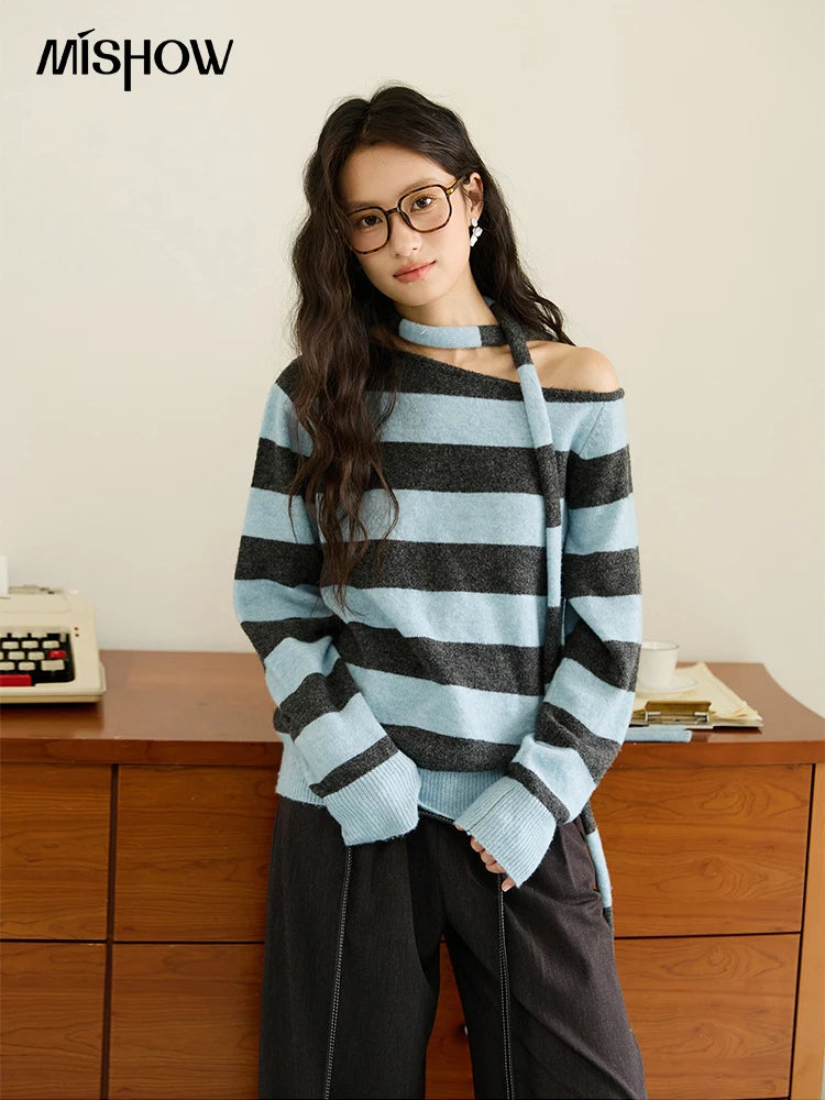 MISHOW Blue Gray Stripe Knitted Top 2025 Autumn Slanted Shoulder Collar Sweaters with Ribbon Loose Wool Blend Sweater MXE46Z2540