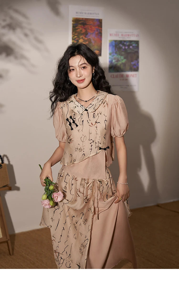 MISHOW Chinese Polo Neck Top Asymmetric Fork Skirt Separately Summer Floral Puff Sleeve Shirt High Waist A-line Skirt MXD22X1396