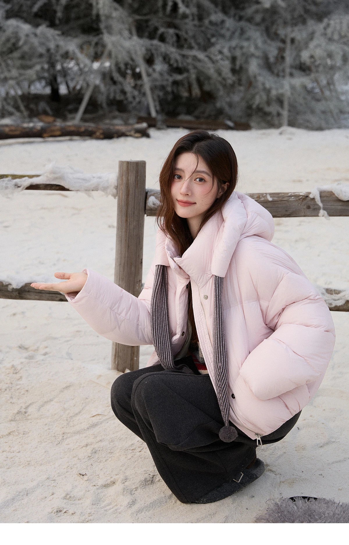 MISHOW Women's Pom-Pom Hooded Down Jacket 2025 Winter Sweet Short Lightweight Down Jackets Warm Windproof Coat MXE92Y0088