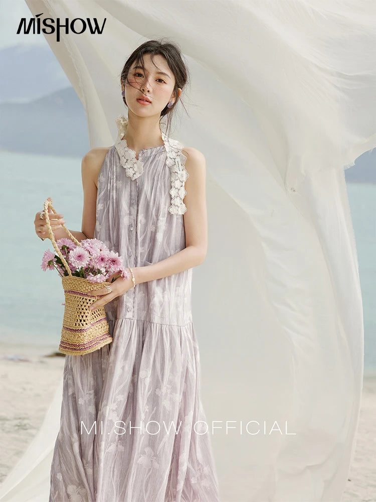 MISHOW Purple Print Chiffon Holiday Dress Women 2025 Summer Sleeveless Stand Collar Slim Dresses Woman New Fashion MXE32L2163