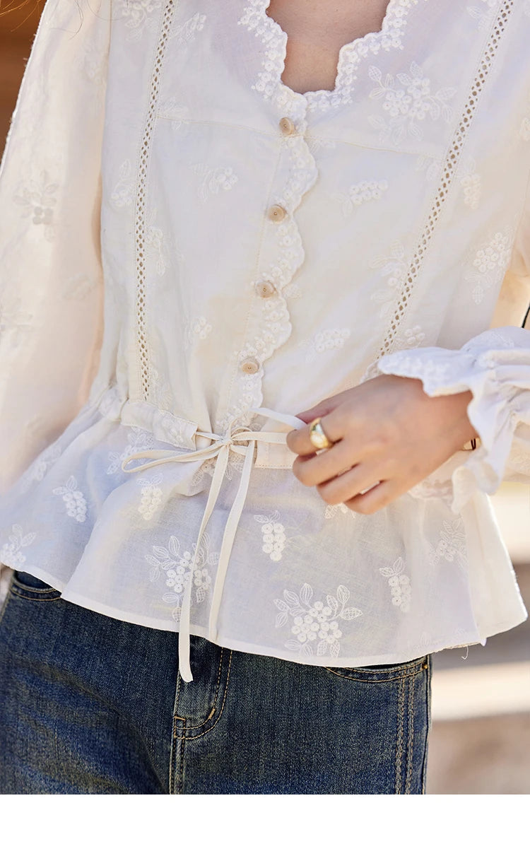 MISHOW Embroidered Blouse Women 2025 Spring New French Elegant Apricot Lace Premium Drawstring Design V Neck Tops MXE11X1708