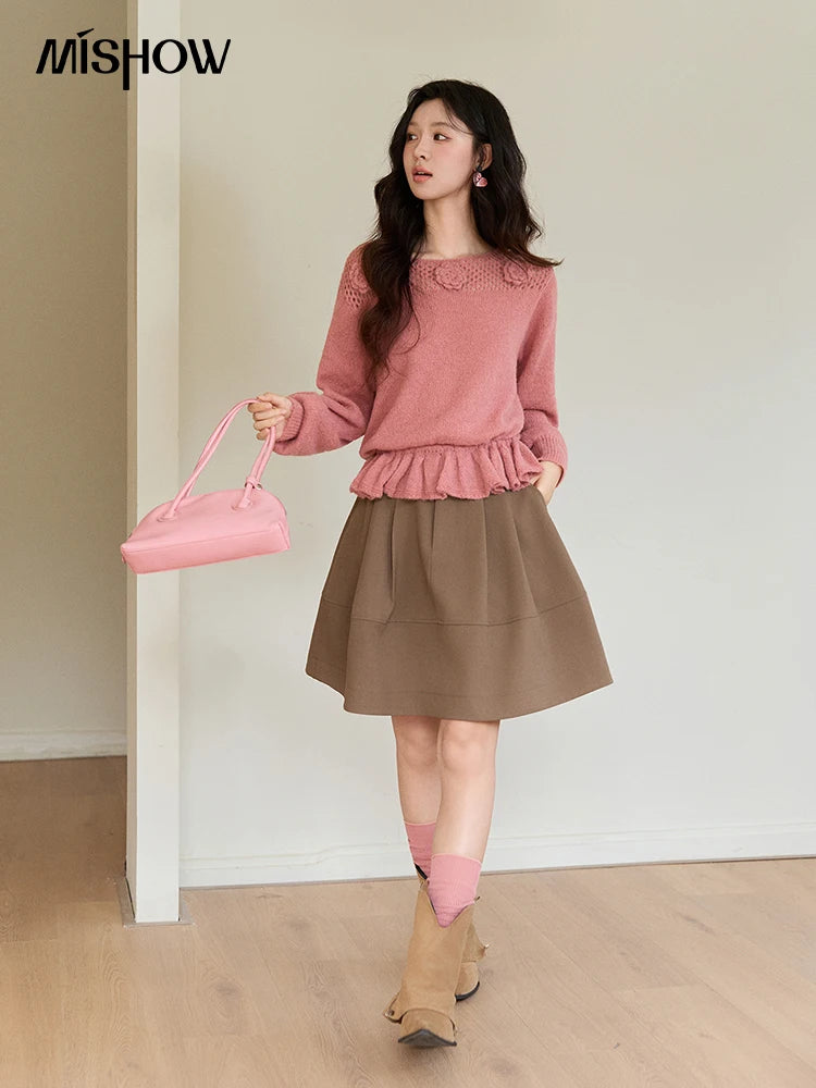 MISHOW Women's Pink Hollow-out Knitwear 2026 Spring Crew Neck Floral Embroidery Sweater Ruffled Hem Casual Loose Top MXE94Z2865