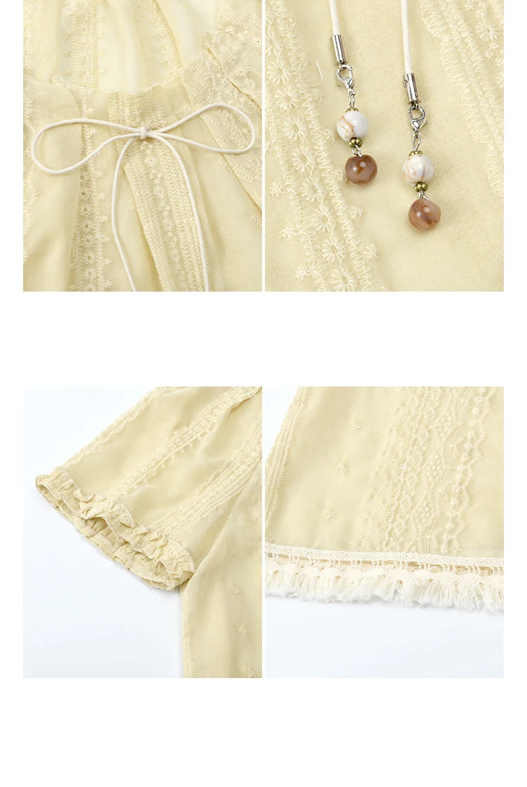 MISHOW Women's Embroidery Jacquard Blouse 2025 Summer New Fashion O-Neck Lace Up Short Sleeve Blouse Female Clothing MXE37X1861