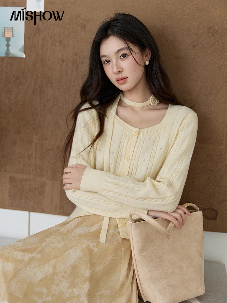 MISHOW Women's Beige Cable Knit Cardigan 2026 Spring Square Neck Long Sleeve Slim Casual Knitwear with Flower Ribbon MXF11Z2903