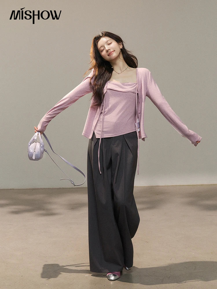 MISHOW Women's Purple Knitted Two-Piece Set 2026 Spring Knitted V-neck Lace-Up Cardigans Camisole Irregular Tops Set MXF13Z2998