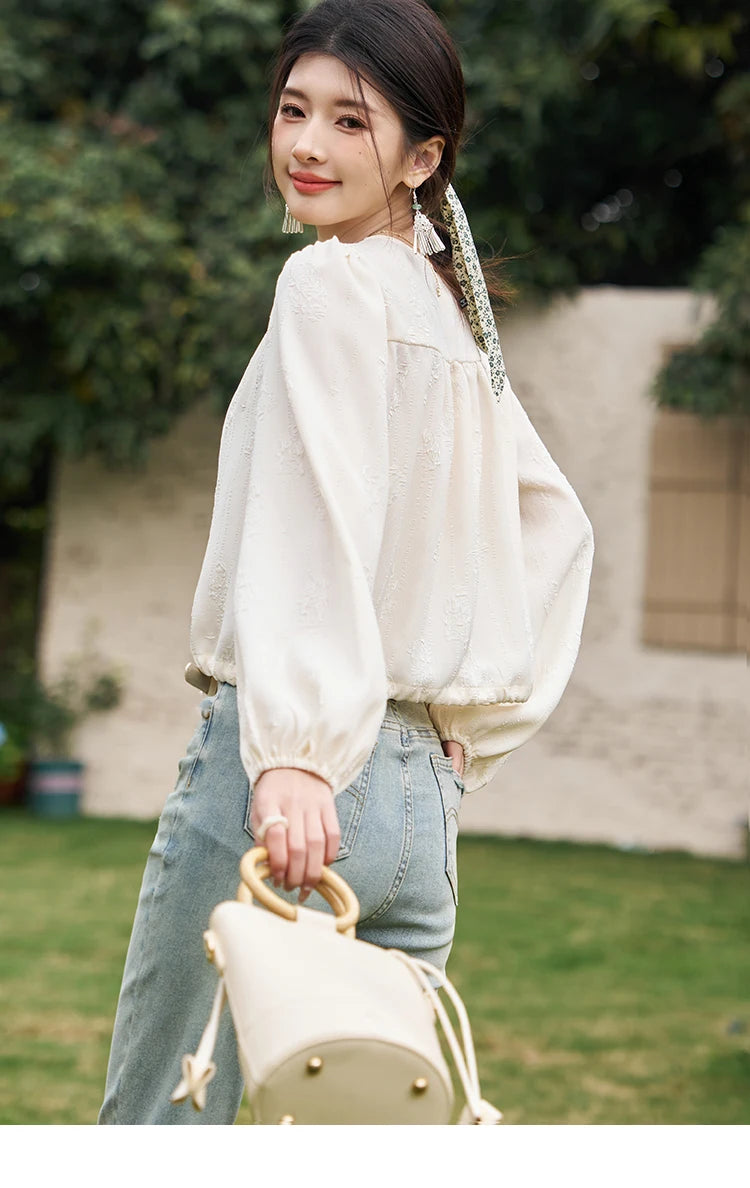 MISHOW Chinese Button Up Single Row Shirt for Women 2024 Spring Jacquard Hem Drawstring Puff Sleeve Solid Loose Top MXD14X1386