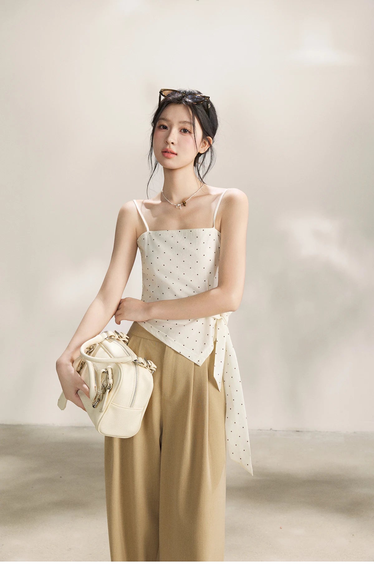 MISHOW Women's Khaki Three-Piece Set Spring Cropped Lapel Short Jacket Irregular Polka Dot Vest Wide Leg Pants Set MXF13T1478