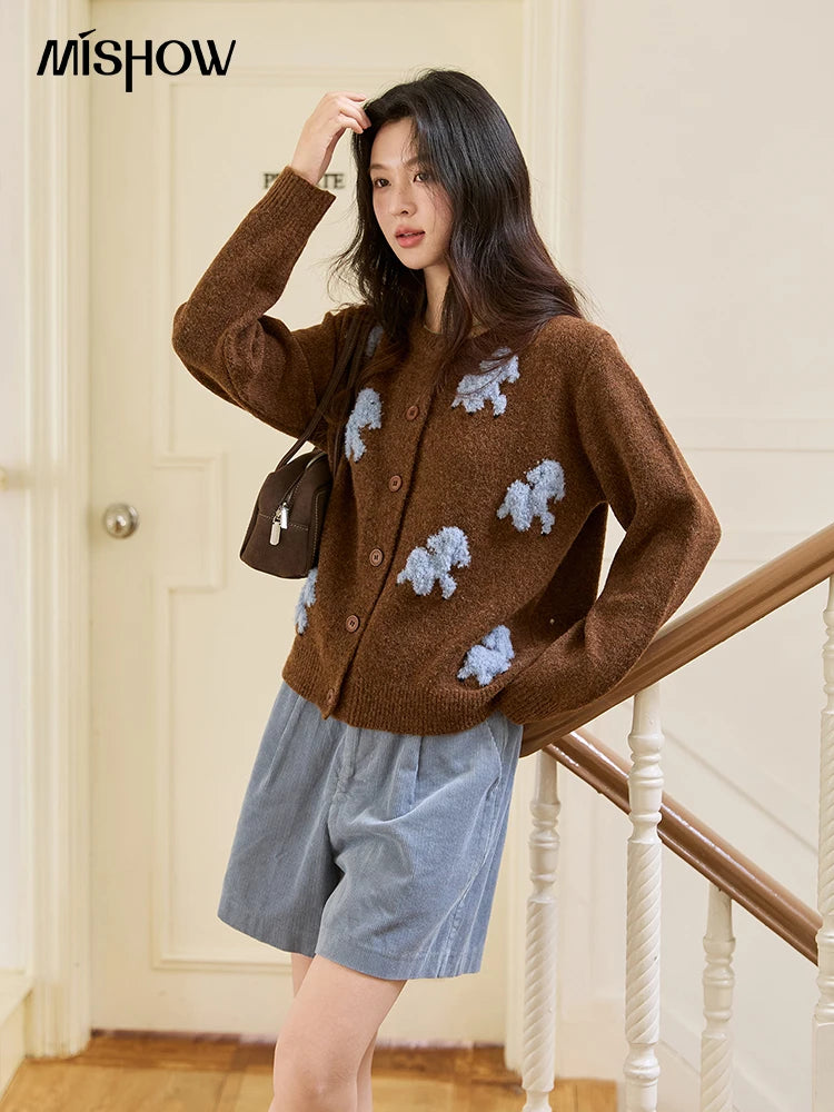 MISHOW Lamb Jacquard Knit Cardigan Women 2025 Autumn New Lambskin Round Neck Single-breasted Commuting Loose Sweater MXE48Z2571