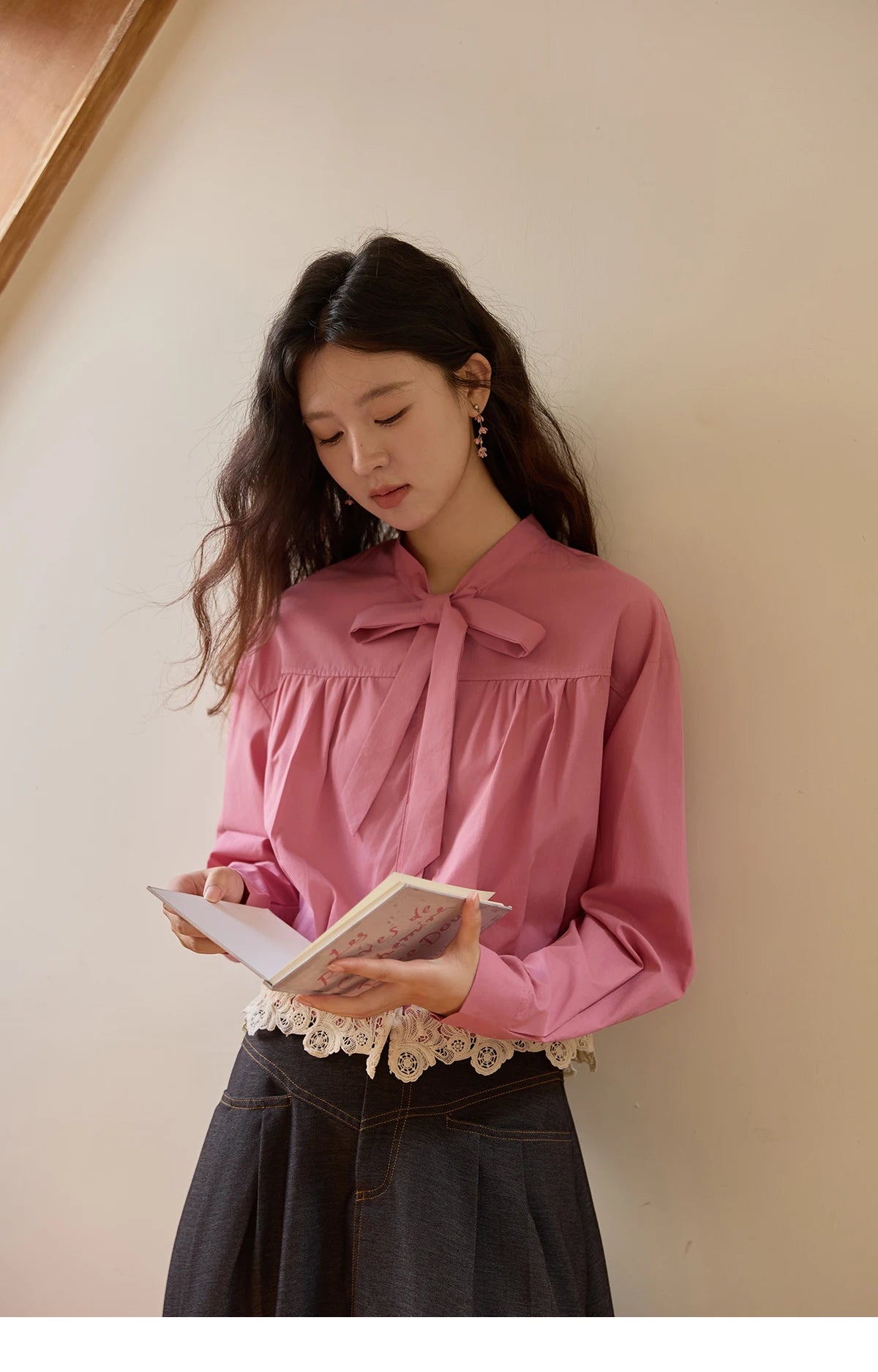 MISHOW Women's Rose Red Stand Collar Shirt 2025 Autumn Bow Tie Hem Splicing Lace Tops Elegant Shirts Office Lady MXE43C2380