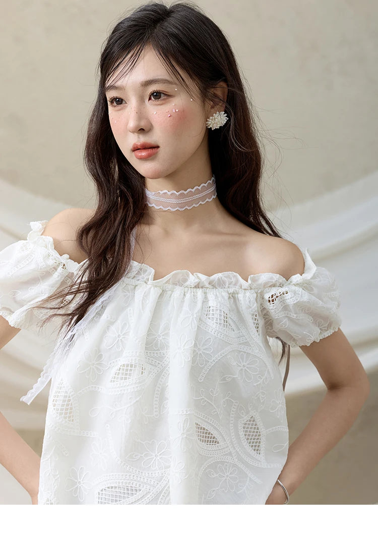 MISHOW French Summer Shirts Women New 2025 Slash Neck Short Sleeve Solid Lace Blouses Female Fashion Slim Tops Lady MXE35X1775